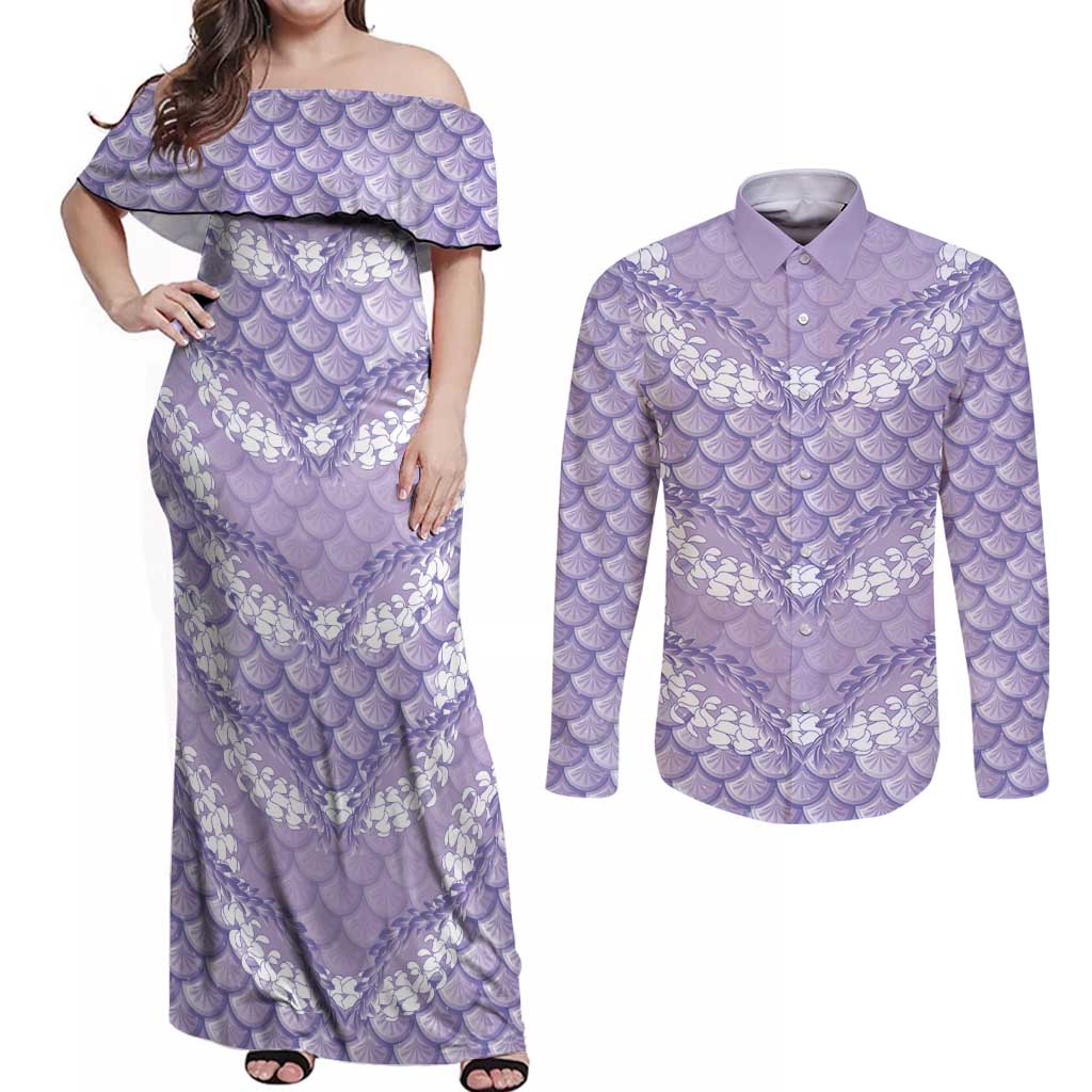 Lilac Mermaid Puakenikeni Maile Lei Couples Matching Off Shoulder Maxi Dress and Long Sleeve Button Shirt LT01 Purple - Polynesian Pride