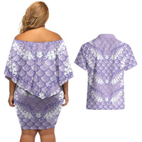 Lilac Mermaid Puakenikeni Maile Lei Couples Matching Off Shoulder Short Dress and Hawaiian Shirt LT01 - Polynesian Pride