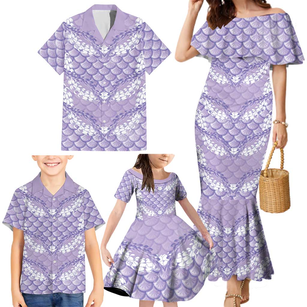 Lilac Mermaid Puakenikeni Maile Lei Family Matching Mermaid Dress and Hawaiian Shirt
