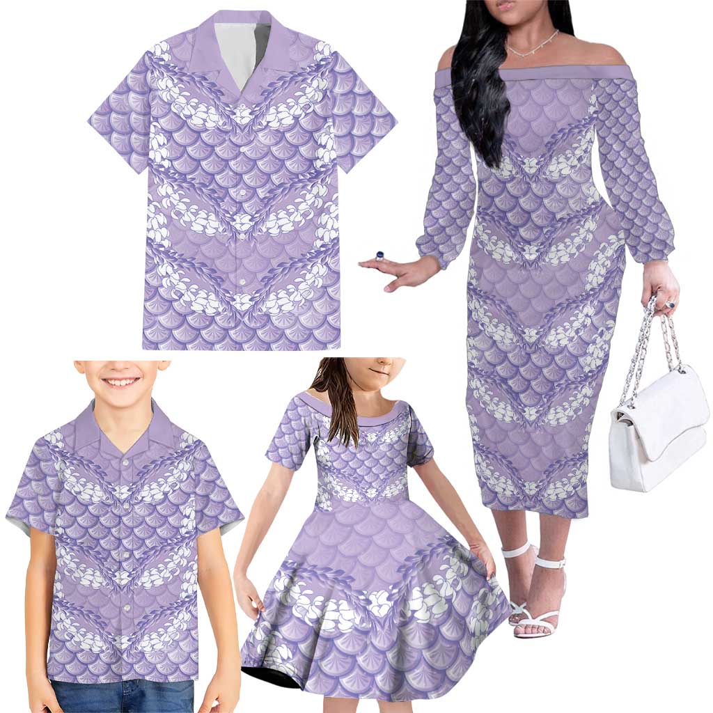 Lilac Mermaid Puakenikeni Maile Lei Family Matching Off The Shoulder Long Sleeve Dress and Hawaiian Shirt
