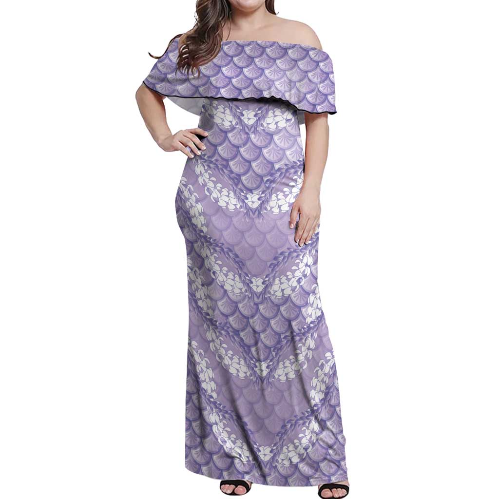 Lilac Mermaid Puakenikeni Maile Lei Off Shoulder Maxi Dress