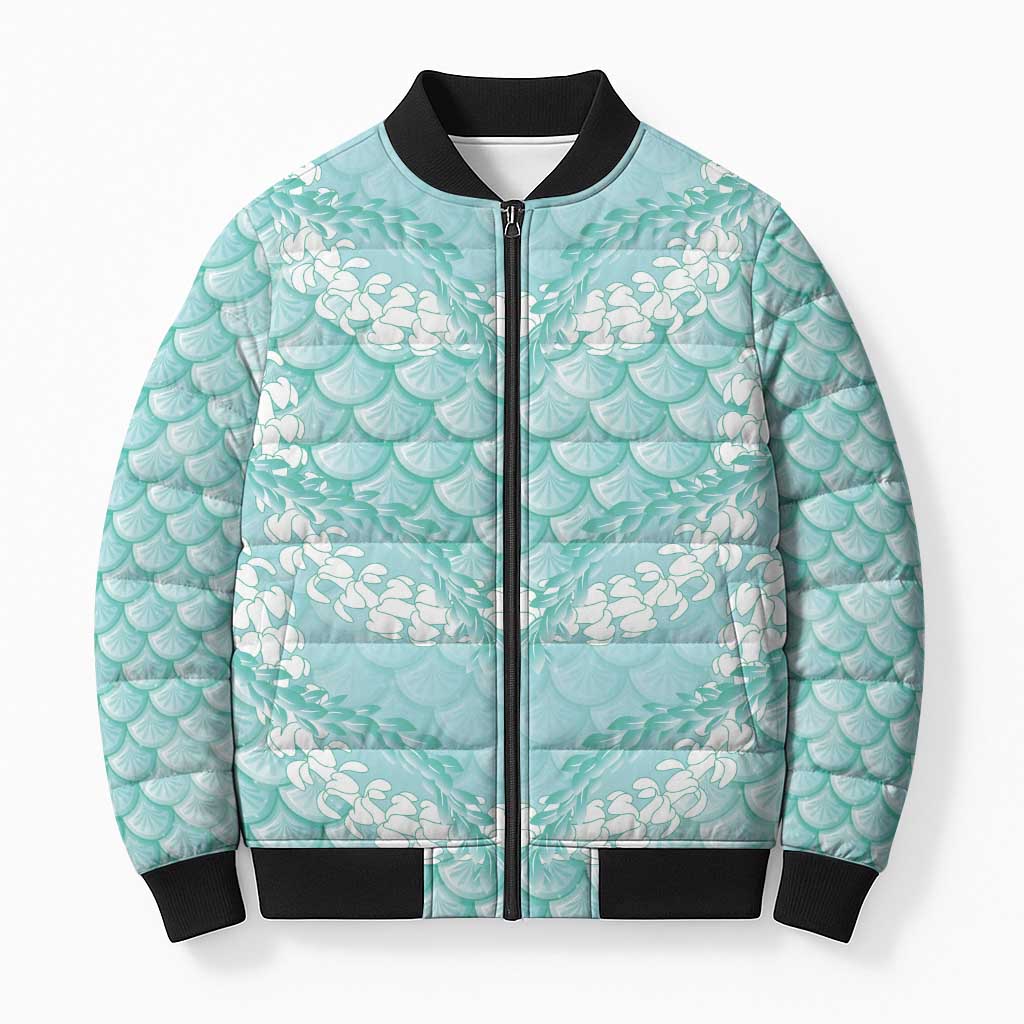 Light Turquoise Mermaid Puakenikeni Maile Lei Bomber Puffer Jacket