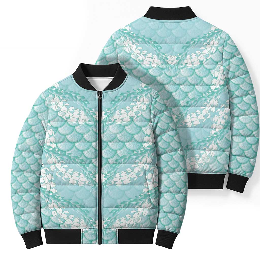 Light Turquoise Mermaid Puakenikeni Maile Lei Bomber Puffer Jacket