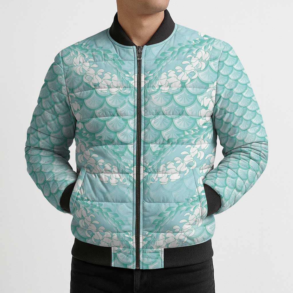 Light Turquoise Mermaid Puakenikeni Maile Lei Bomber Puffer Jacket