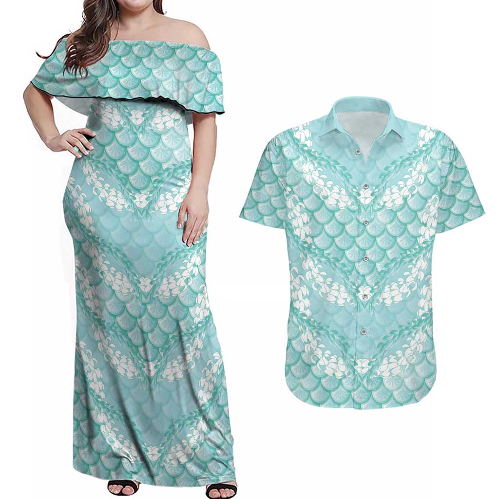 Light Turquoise Mermaid Puakenikeni Maile Lei Couples Matching Off Shoulder Maxi Dress and Hawaiian Shirt