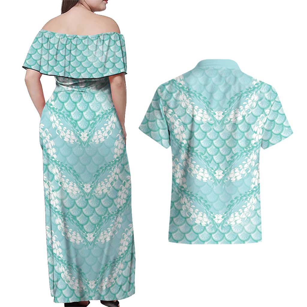 Light Turquoise Mermaid Puakenikeni Maile Lei Couples Matching Off Shoulder Maxi Dress and Hawaiian Shirt