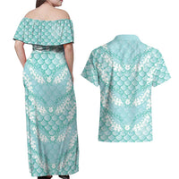 Light Turquoise Mermaid Puakenikeni Maile Lei Couples Matching Off Shoulder Maxi Dress and Hawaiian Shirt