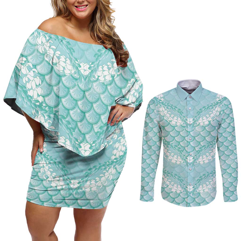 Light Turquoise Mermaid Puakenikeni Maile Lei Couples Matching Off Shoulder Short Dress and Long Sleeve Button Shirt