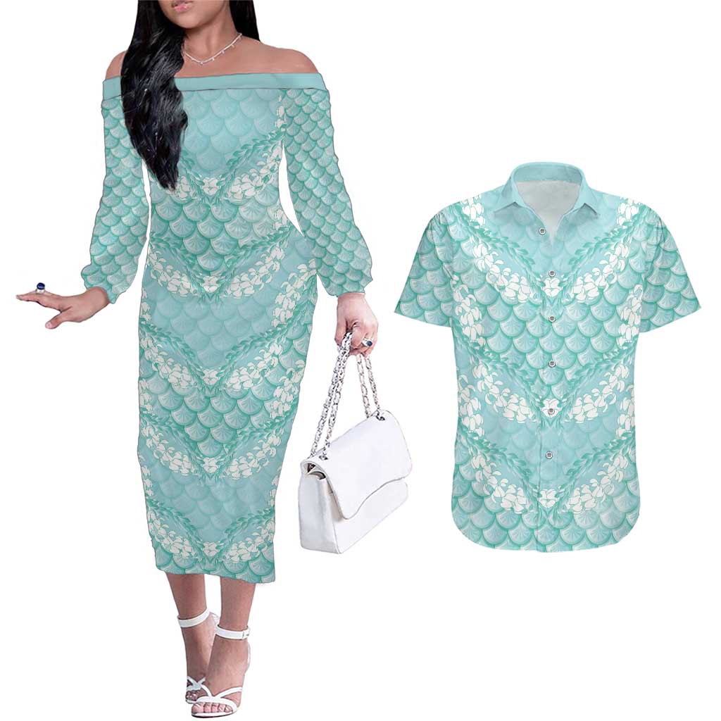 Light Turquoise Mermaid Puakenikeni Maile Lei Couples Matching Off The Shoulder Long Sleeve Dress and Hawaiian Shirt LT01 Turquoise - Polynesian Pride
