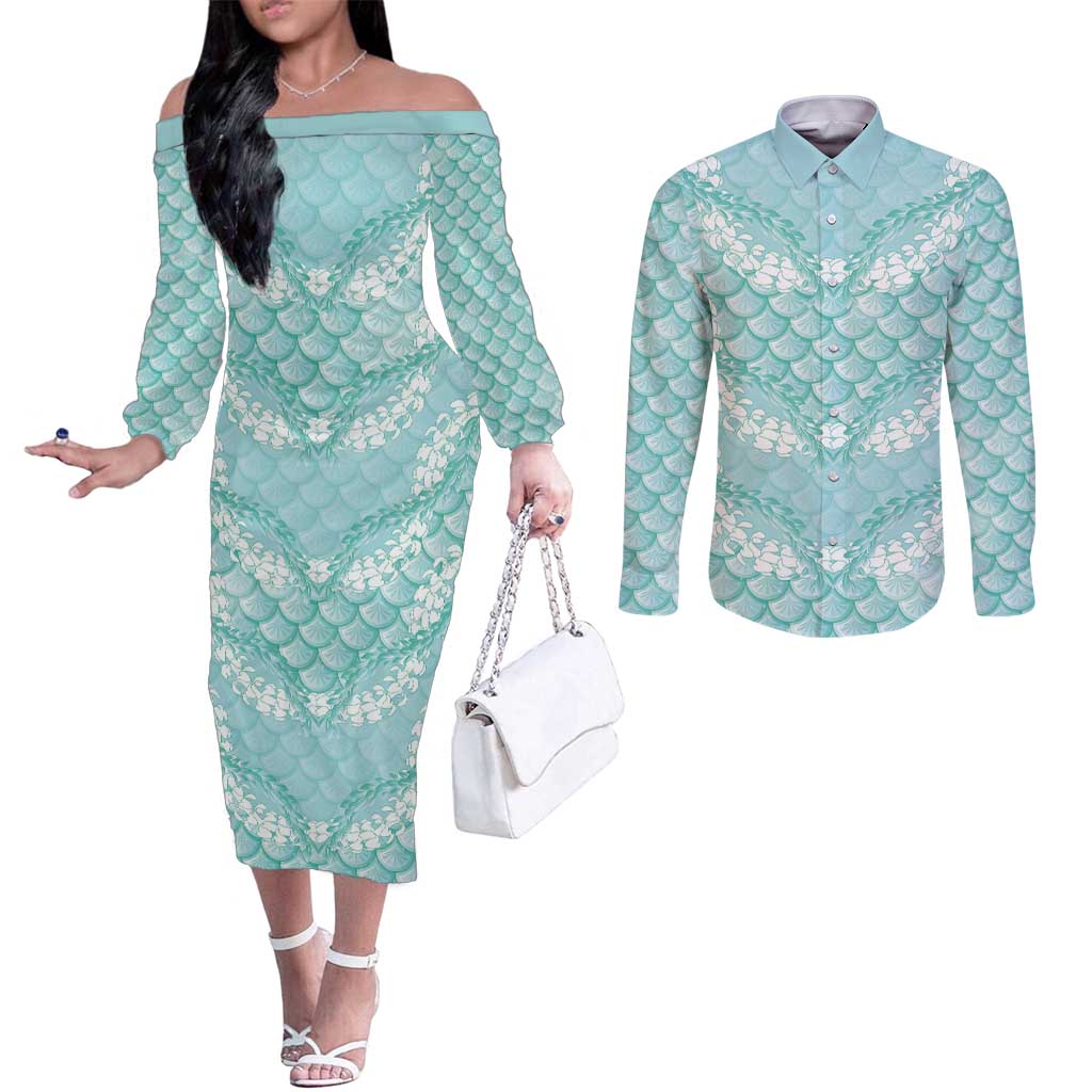 Light Turquoise Mermaid Puakenikeni Maile Lei Couples Matching Off The Shoulder Long Sleeve Dress and Long Sleeve Button Shirt