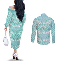 Light Turquoise Mermaid Puakenikeni Maile Lei Couples Matching Off The Shoulder Long Sleeve Dress and Long Sleeve Button Shirt