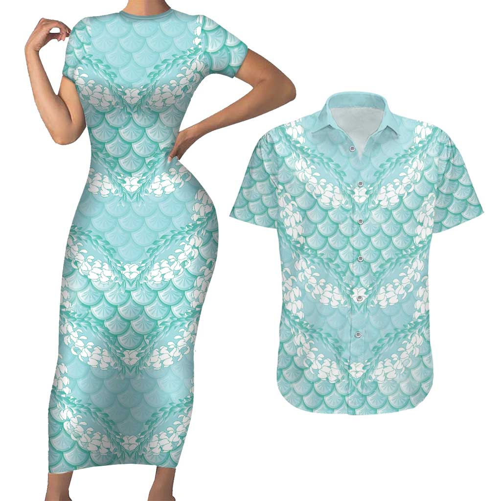 Light Turquoise Mermaid Puakenikeni Maile Lei Couples Matching Short Sleeve Bodycon Dress and Hawaiian Shirt LT01 Turquoise - Polynesian Pride