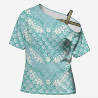 Light Turquoise Mermaid Puakenikeni Maile Lei Cross Shoulder Shirt