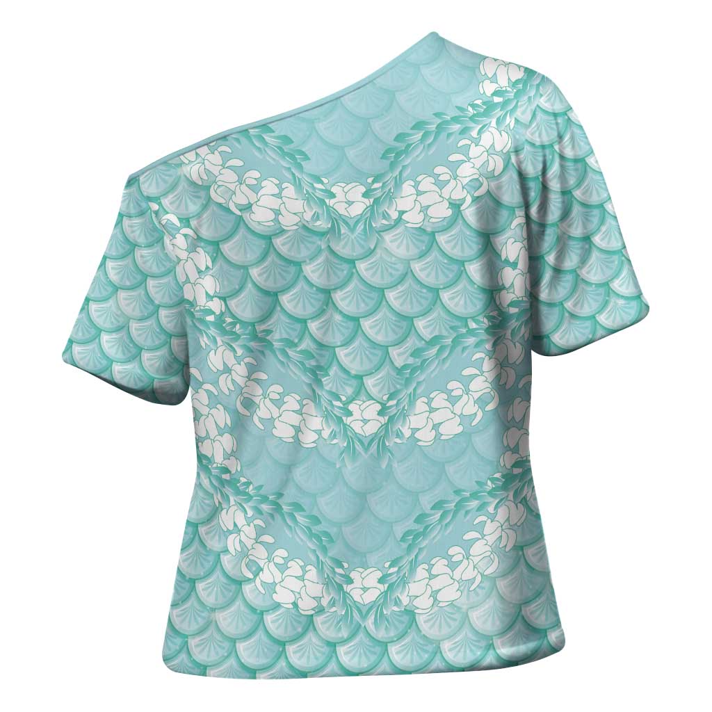 Light Turquoise Mermaid Puakenikeni Maile Lei Cross Shoulder Shirt