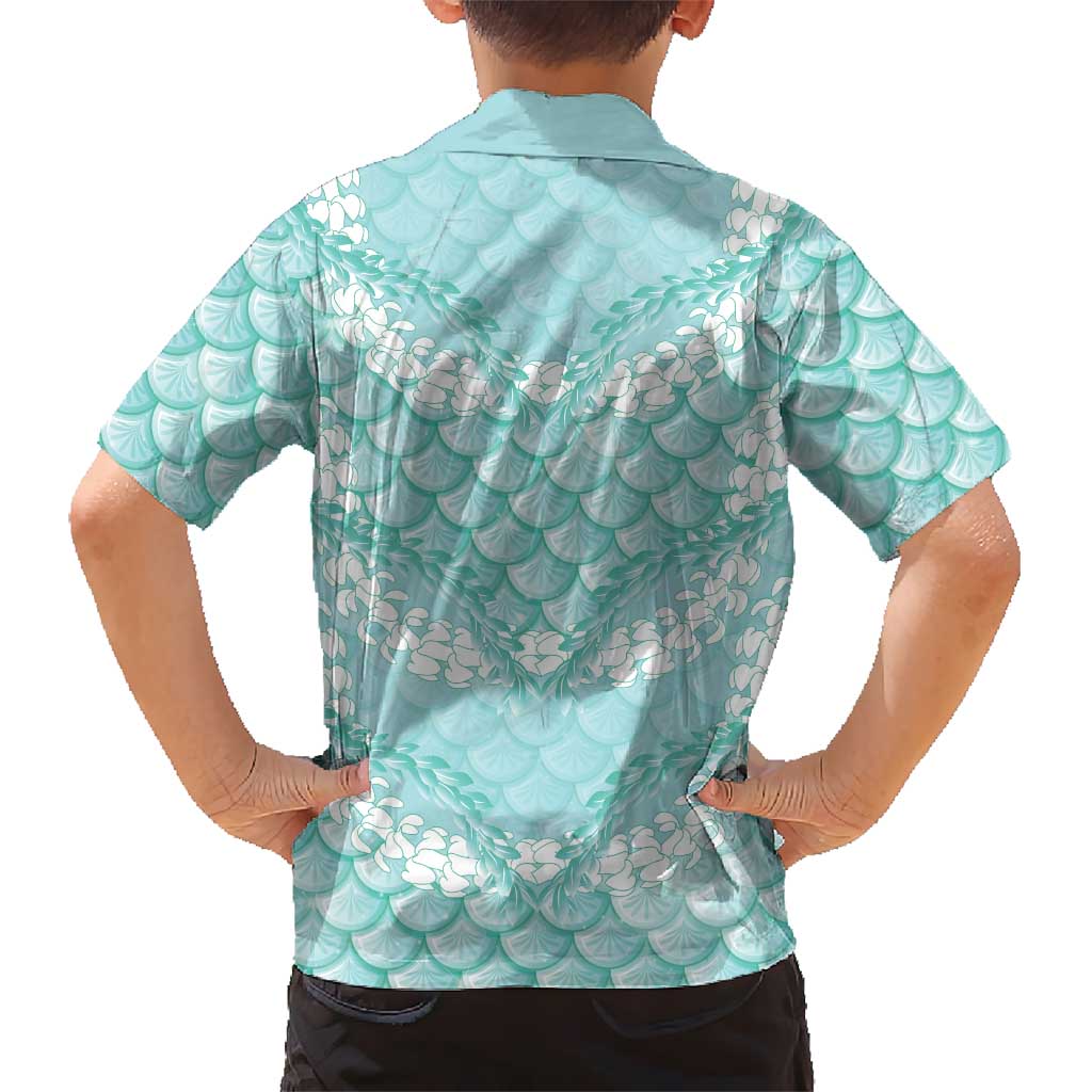 Light Turquoise Mermaid Puakenikeni Maile Lei Family Matching Mermaid Dress and Hawaiian Shirt