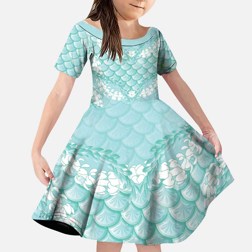 Light Turquoise Mermaid Puakenikeni Maile Lei Family Matching Mermaid Dress and Hawaiian Shirt