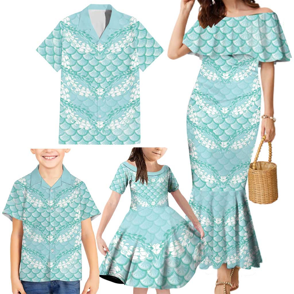 Light Turquoise Mermaid Puakenikeni Maile Lei Family Matching Mermaid Dress and Hawaiian Shirt