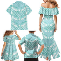Light Turquoise Mermaid Puakenikeni Maile Lei Family Matching Mermaid Dress and Hawaiian Shirt