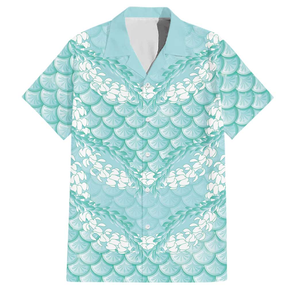 Light Turquoise Mermaid Puakenikeni Maile Lei Family Matching Mermaid Dress and Hawaiian Shirt