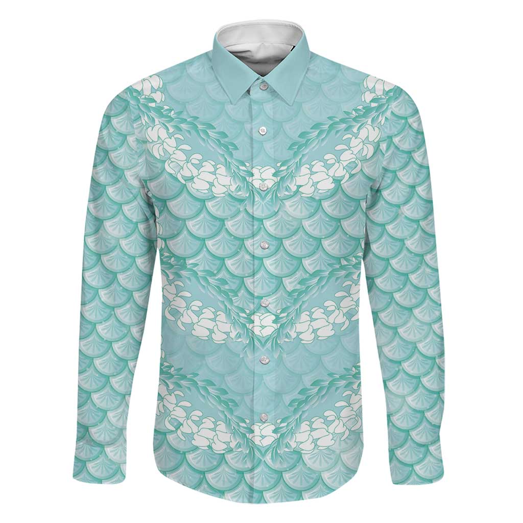 Light Turquoise Mermaid Puakenikeni Maile Lei Family Matching Mermaid Dress and Hawaiian Shirt