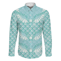 Light Turquoise Mermaid Puakenikeni Maile Lei Family Matching Mermaid Dress and Hawaiian Shirt