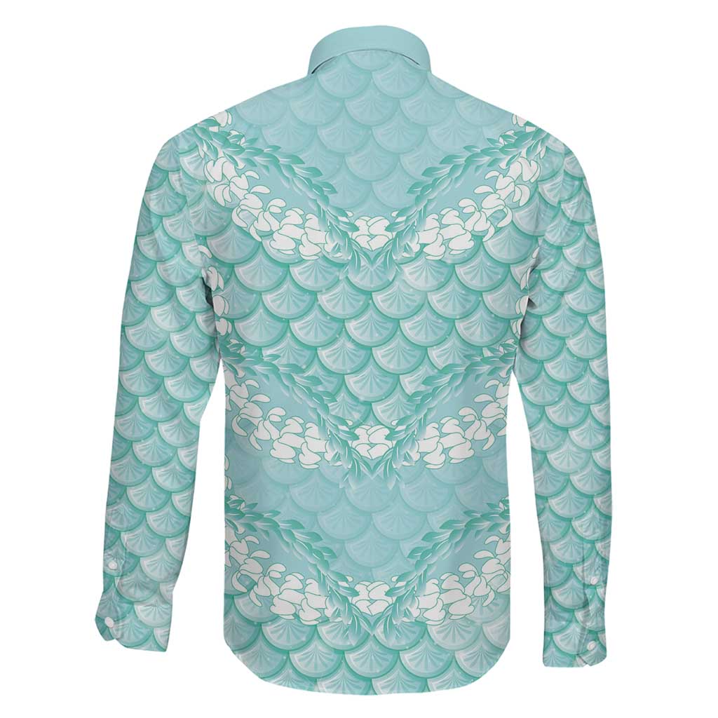 Light Turquoise Mermaid Puakenikeni Maile Lei Family Matching Mermaid Dress and Hawaiian Shirt
