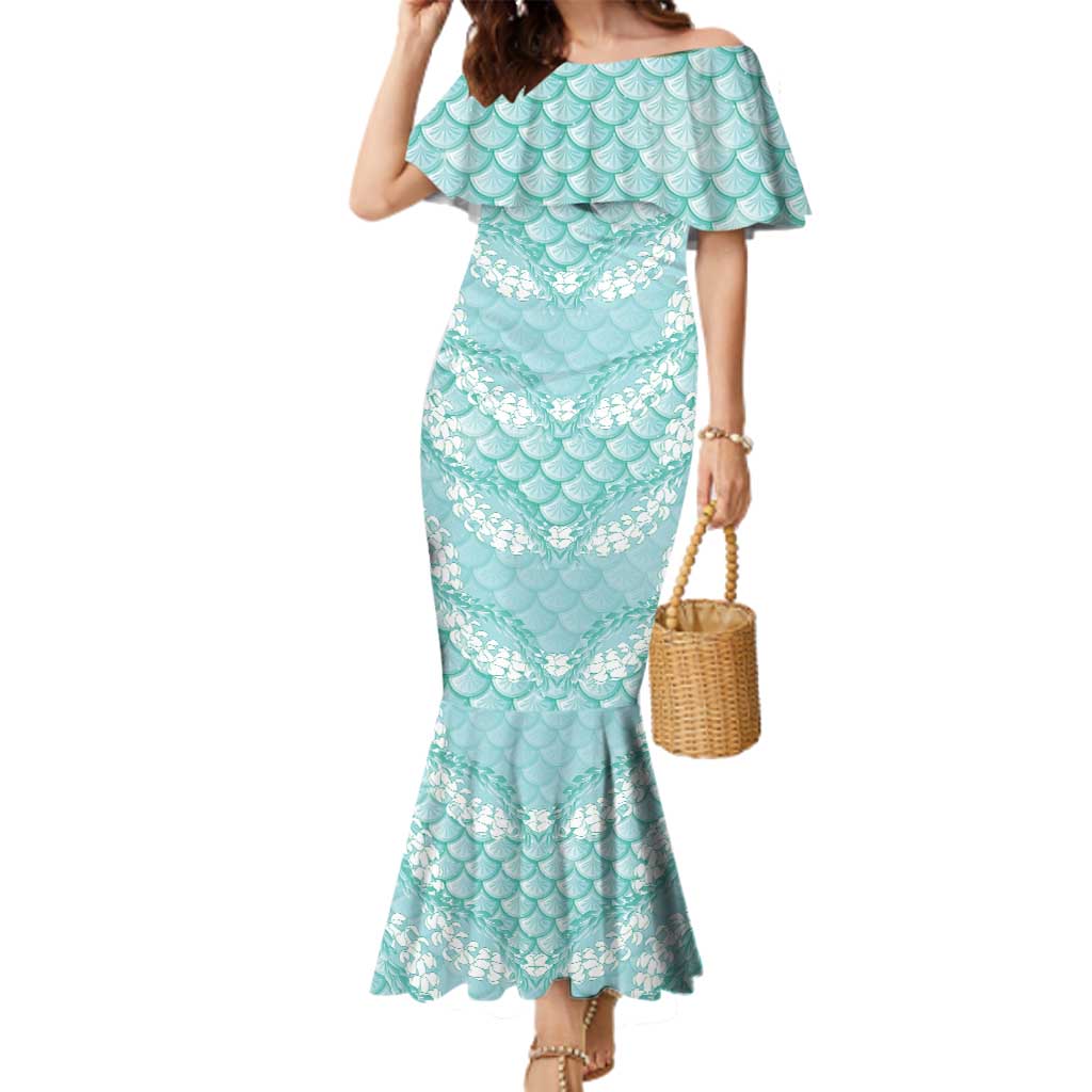 Light Turquoise Mermaid Puakenikeni Maile Lei Family Matching Mermaid Dress and Hawaiian Shirt