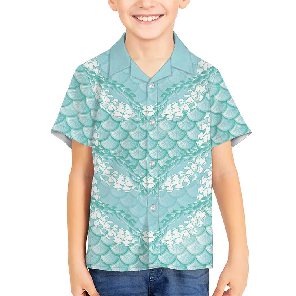Light Turquoise Mermaid Puakenikeni Maile Lei Family Matching Mermaid Dress and Hawaiian Shirt