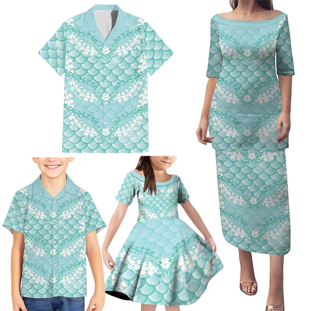 Light Turquoise Mermaid Puakenikeni Maile Lei Family Matching Puletasi and Hawaiian Shirt LT01 - Polynesian Pride
