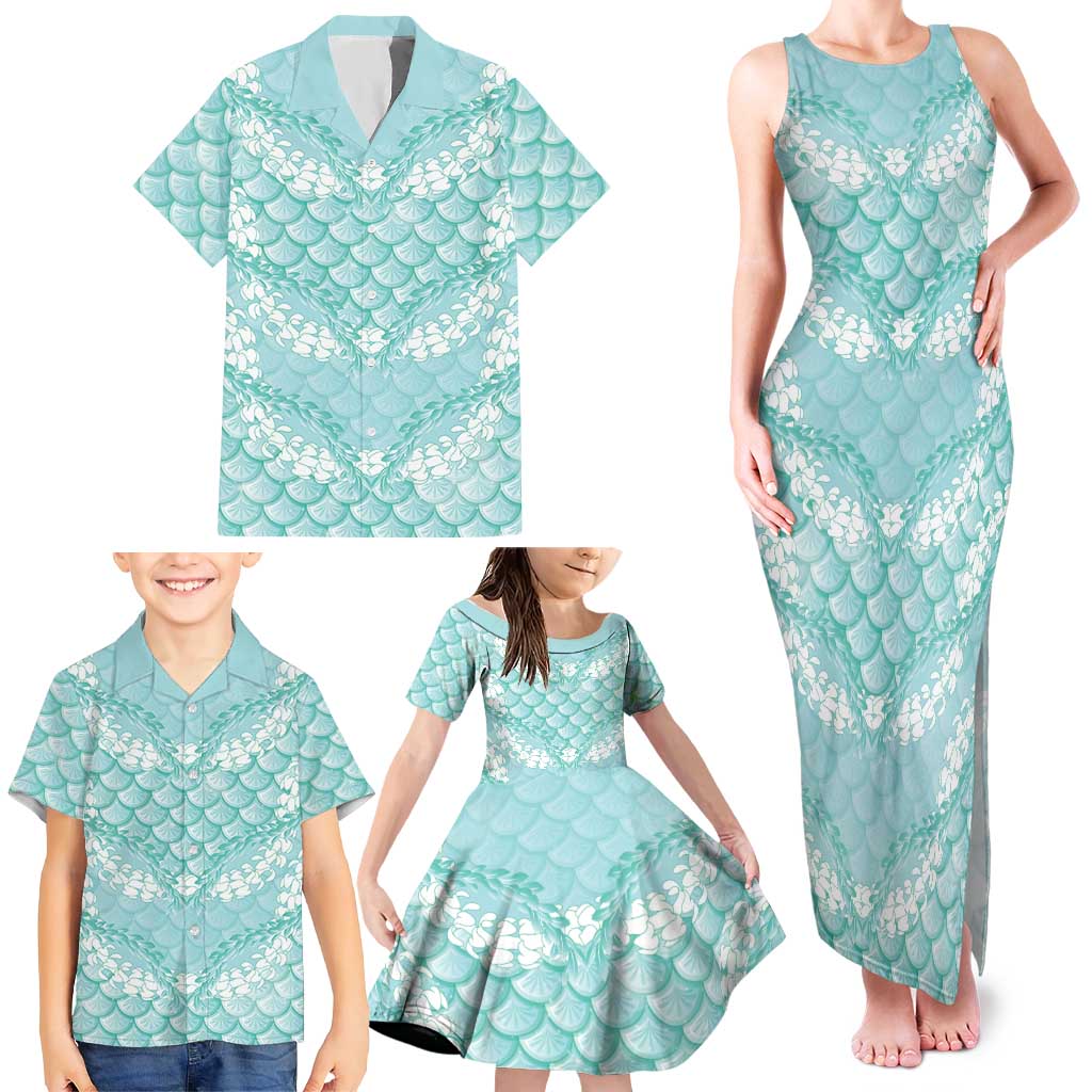 Light Turquoise Mermaid Puakenikeni Maile Lei Family Matching Tank Maxi Dress and Hawaiian Shirt