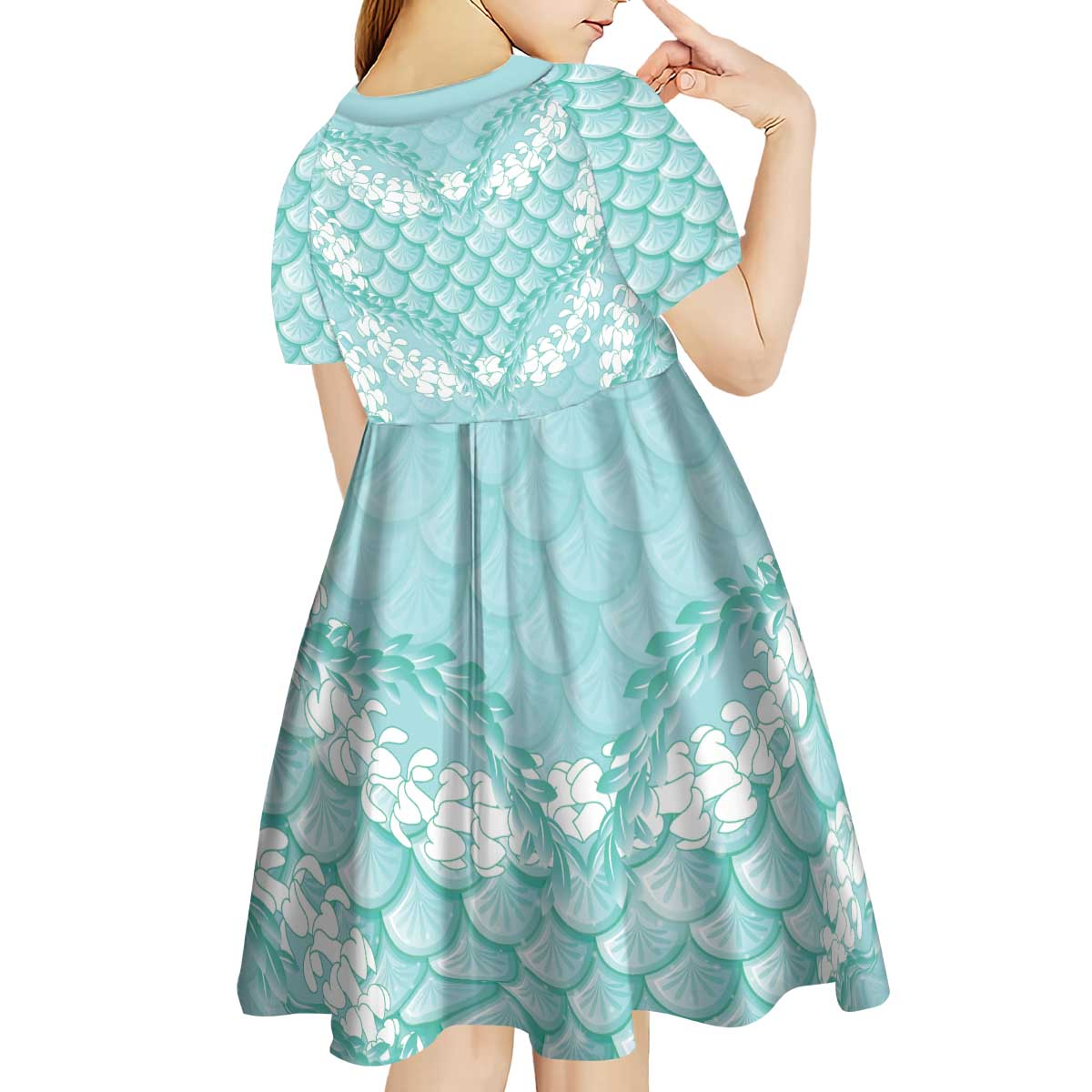 Light Turquoise Mermaid Puakenikeni Maile Lei Kid Short Sleeve Dress
