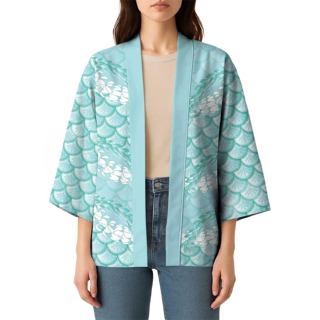 Light Turquoise Mermaid Puakenikeni Maile Lei Kimono