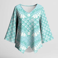 Light Turquoise Mermaid Puakenikeni Maile Lei Kimono Sleeve Blouse