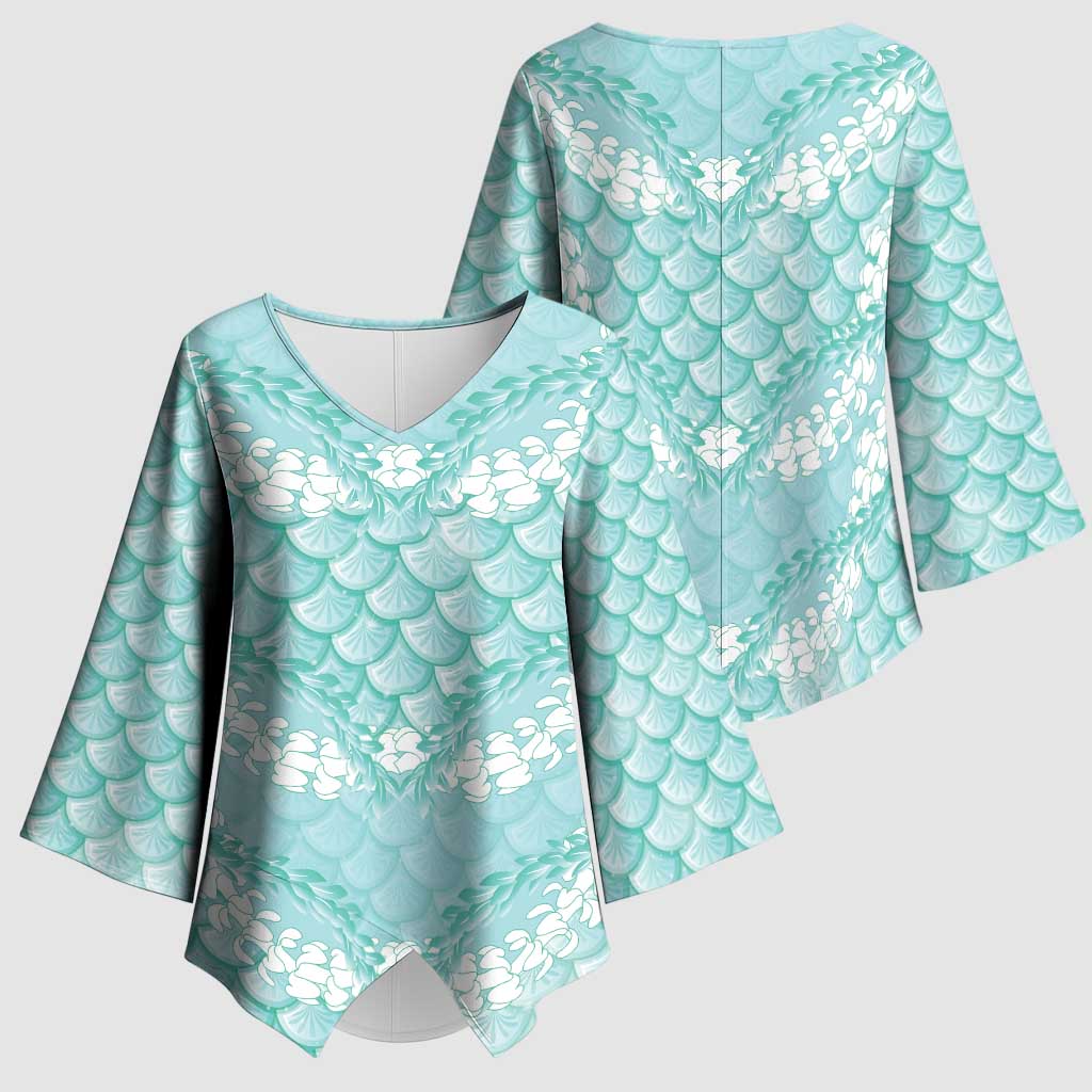 Light Turquoise Mermaid Puakenikeni Maile Lei Kimono Sleeve Blouse