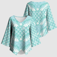 Light Turquoise Mermaid Puakenikeni Maile Lei Kimono Sleeve Blouse