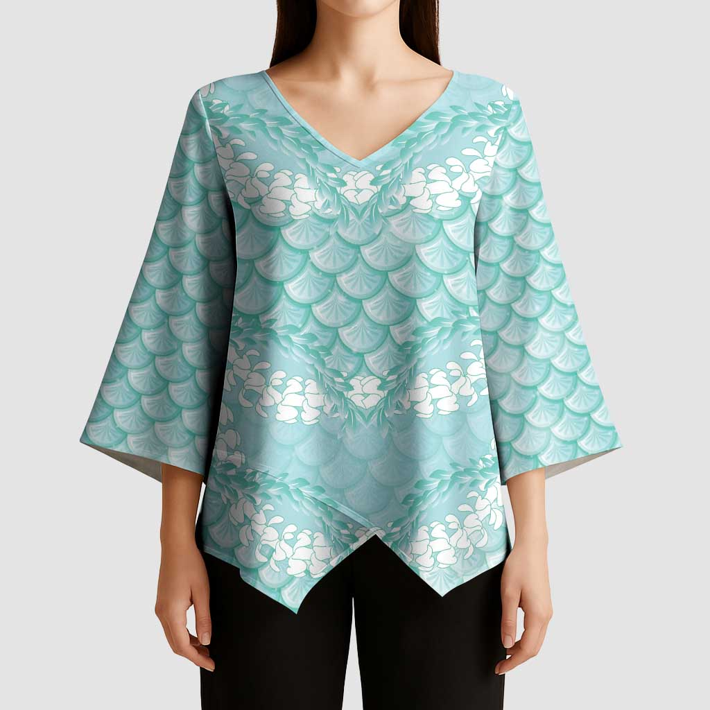 Light Turquoise Mermaid Puakenikeni Maile Lei Kimono Sleeve Blouse