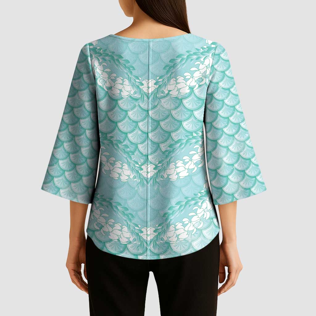 Light Turquoise Mermaid Puakenikeni Maile Lei Kimono Sleeve Blouse
