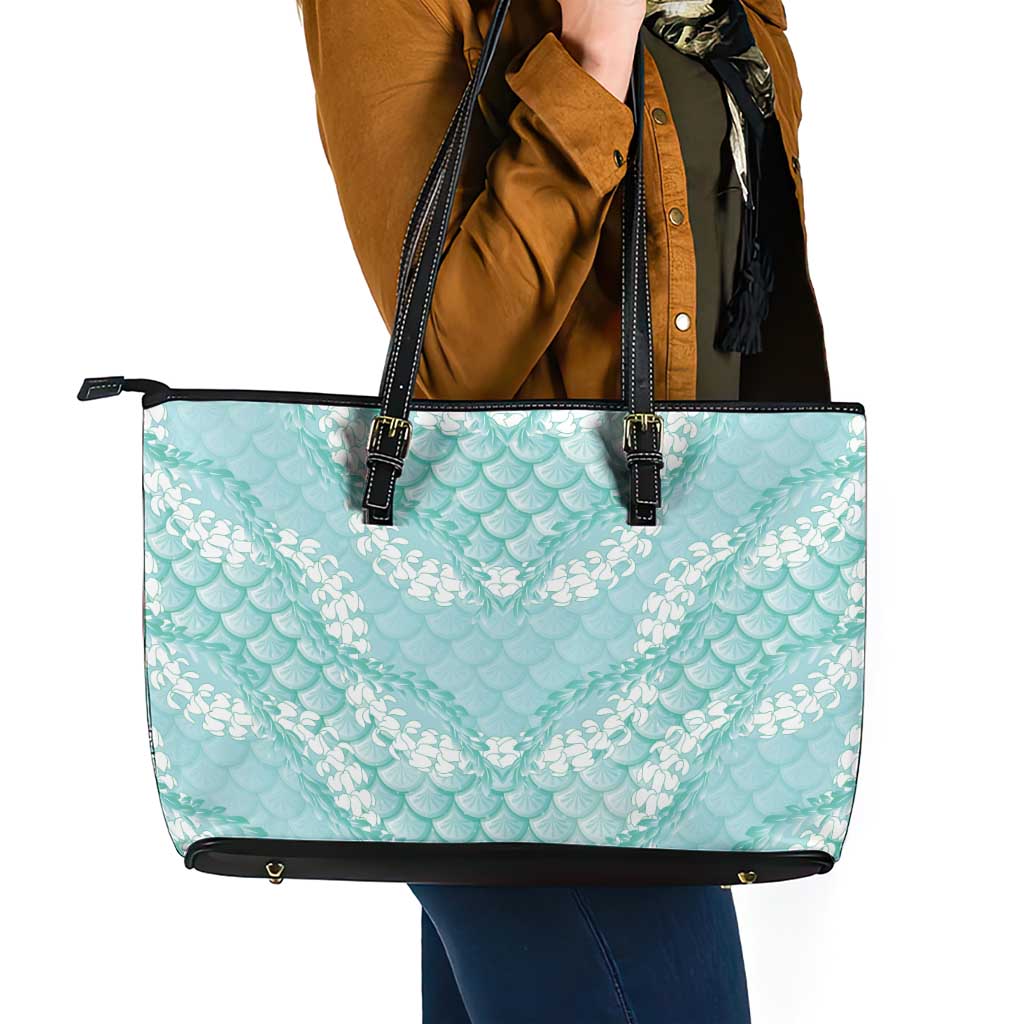 Light Turquoise Mermaid Puakenikeni Maile Lei Leather Tote Bag LT01 - Polynesian Pride