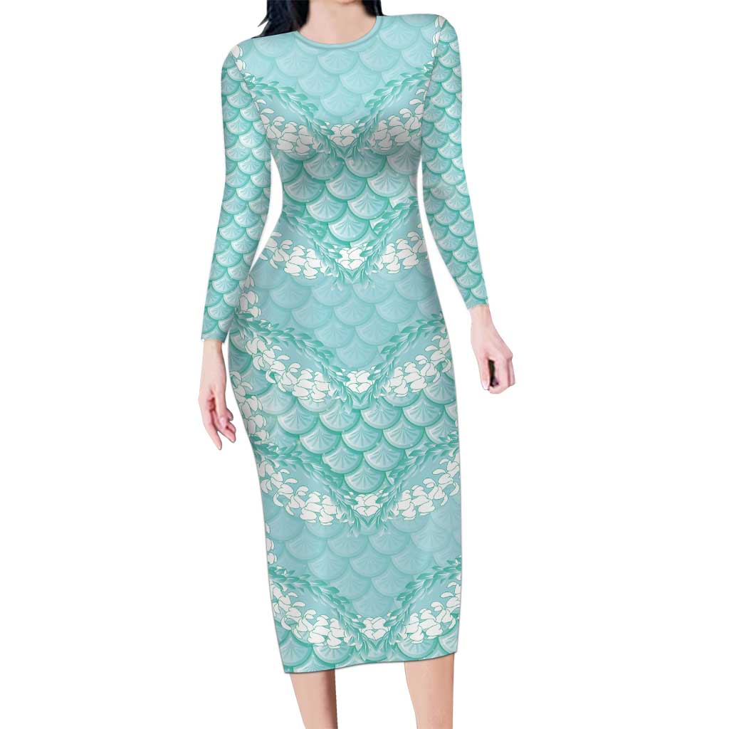 Light Turquoise Mermaid Puakenikeni Maile Lei Long Sleeve Bodycon Dress LT01 Long Dress Turquoise - Polynesian Pride