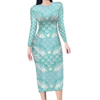 Light Turquoise Mermaid Puakenikeni Maile Lei Long Sleeve Bodycon Dress