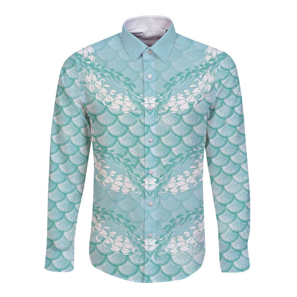Light Turquoise Mermaid Puakenikeni Maile Lei Long Sleeve Button Shirt