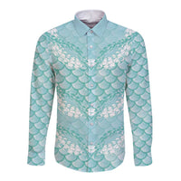 Light Turquoise Mermaid Puakenikeni Maile Lei Long Sleeve Button Shirt