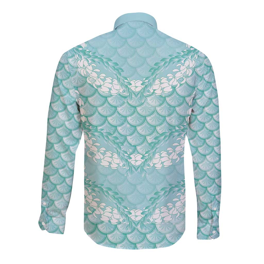 Light Turquoise Mermaid Puakenikeni Maile Lei Long Sleeve Button Shirt