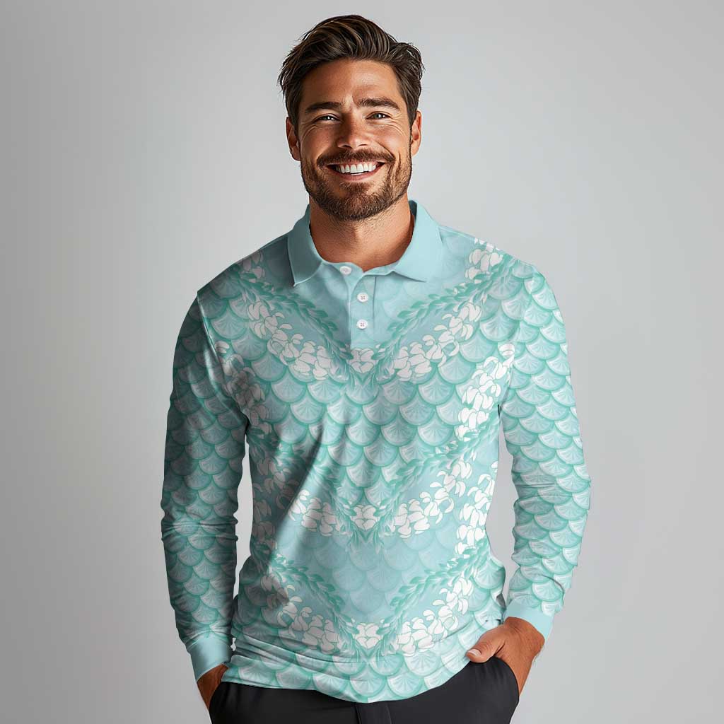 Light Turquoise Mermaid Puakenikeni Maile Lei Long Sleeve Polo Shirt