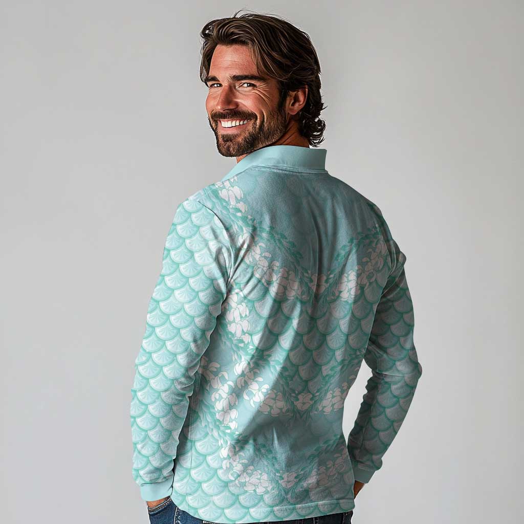 Light Turquoise Mermaid Puakenikeni Maile Lei Long Sleeve Polo Shirt