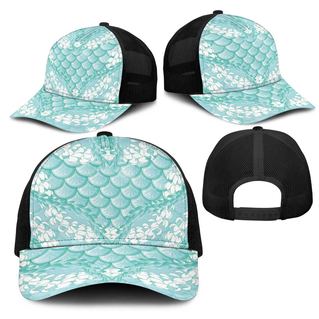 Light Turquoise Mermaid Puakenikeni Maile Lei Mesh Trucker Cap