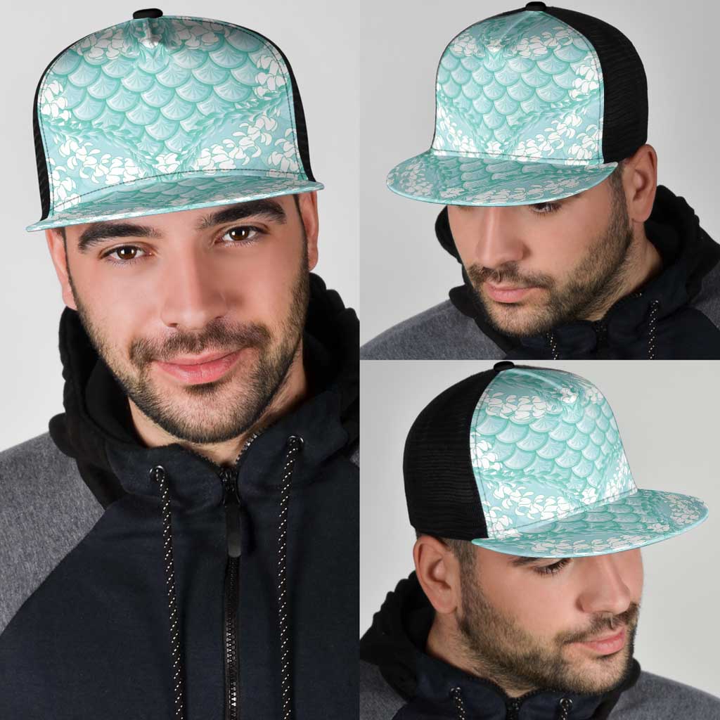 Light Turquoise Mermaid Puakenikeni Maile Lei Mesh Trucker Cap