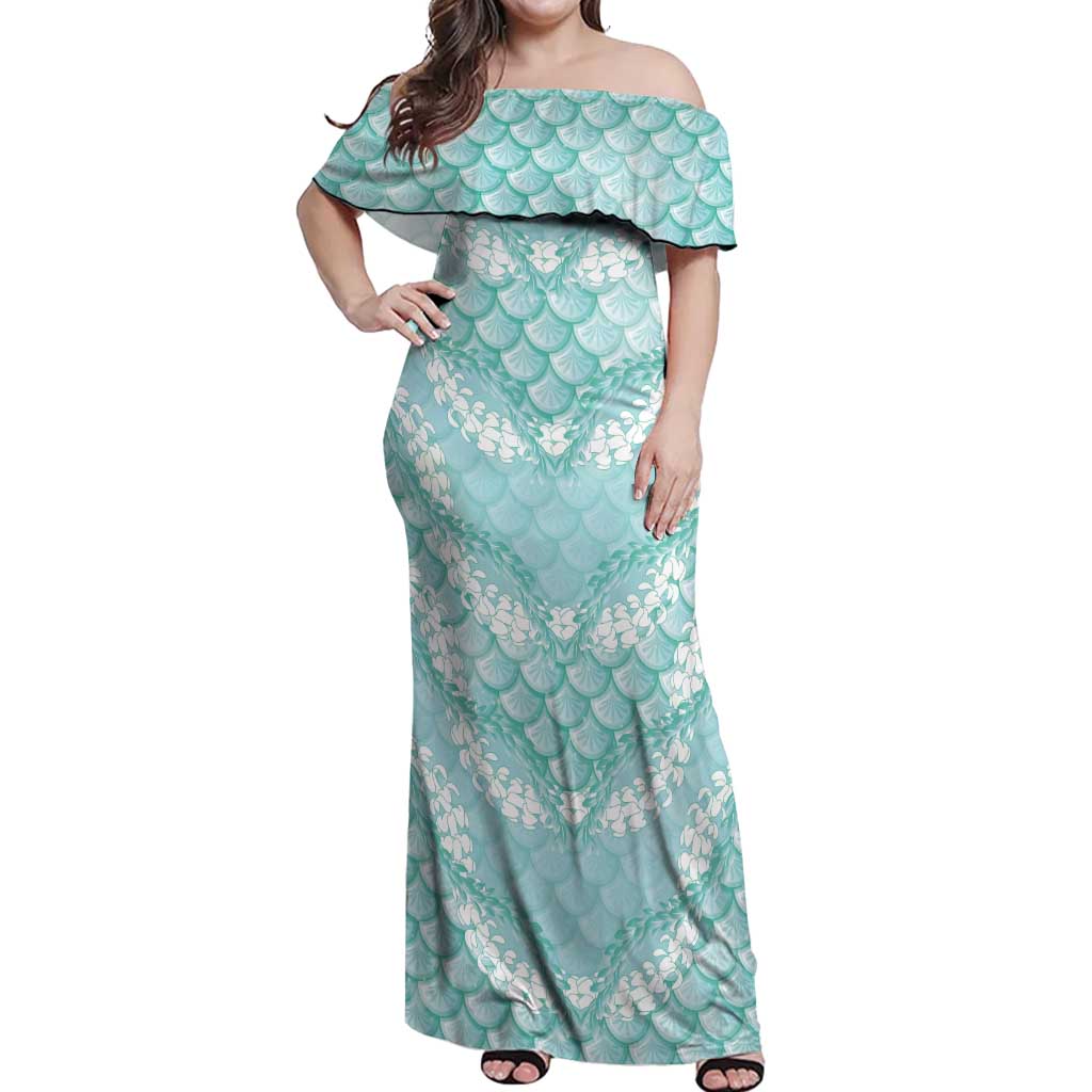 Light Turquoise Mermaid Puakenikeni Maile Lei Off Shoulder Maxi Dress