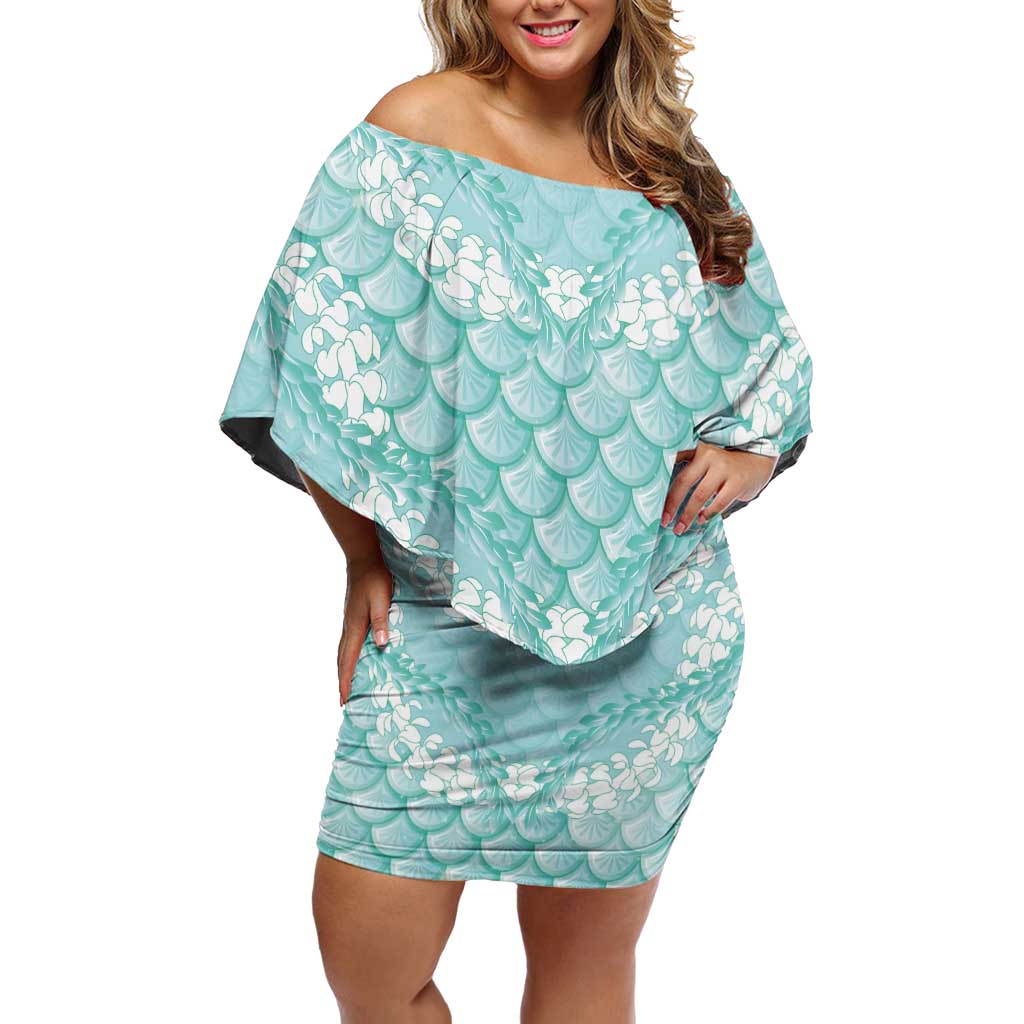 Light Turquoise Mermaid Puakenikeni Maile Lei Off Shoulder Short Dress