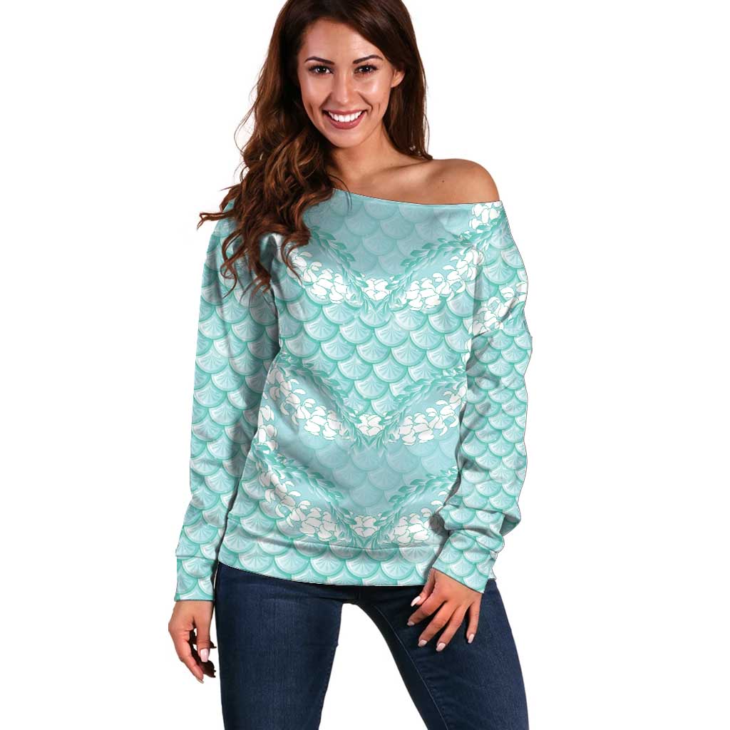 Light Turquoise Mermaid Puakenikeni Maile Lei Off Shoulder Sweater